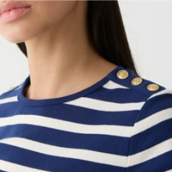 J.Crew Women Perfect-fit elbow-sleeve T-shirt in stripe with gold buttons Size L - Picture 2 of 11